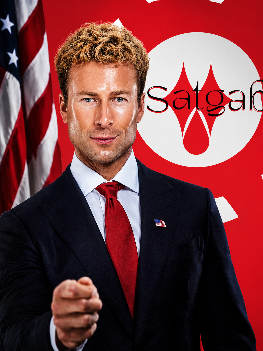 ScatGab Shirt featured graphic — a confident figure in a navy suit pointing forward with the Satgab logo